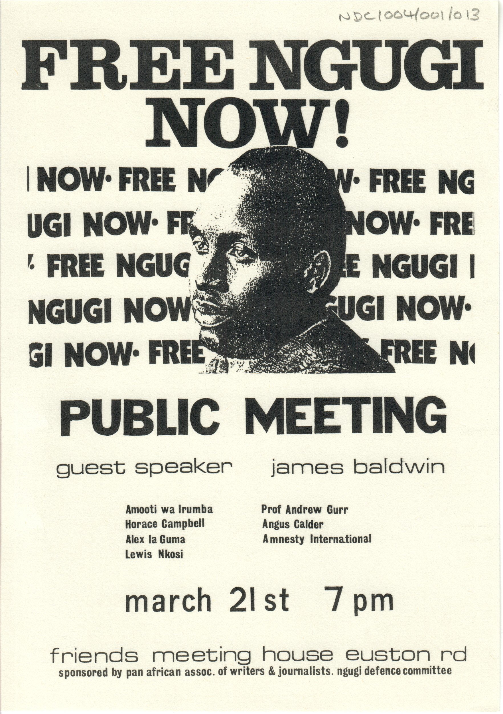1978 flyer for a meeting calling for the release of Kenyan author, Ngũgĩ Wa Thiong’o, at The Friend’s Meeting House, in Euston, where James Baldwin was Guest Speaker.