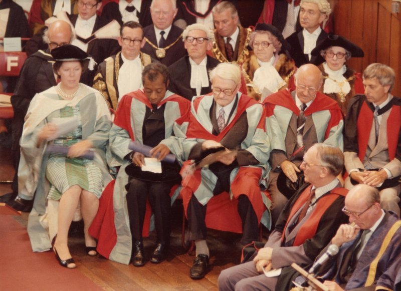 James Baldwin after receiving his honorary doctorate from the University of Hull on the 9th of July 1976